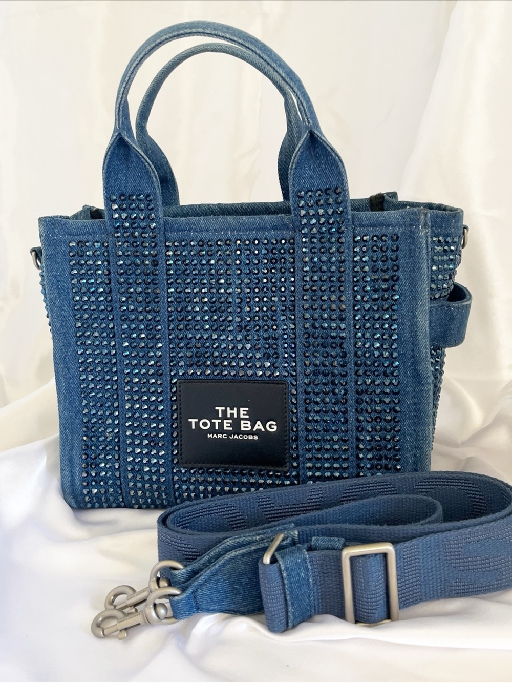 MARC JACOBS The Crystal Denim Small Tote Bag Crossbody Glam Bling